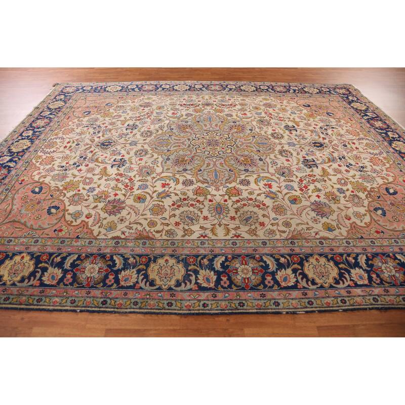 Hand Knotted Oriental 100% Wool Carpet Traditional Medallion Beige & Ivories Tabriz Area Rug - 12' 11'' X 10' 0''