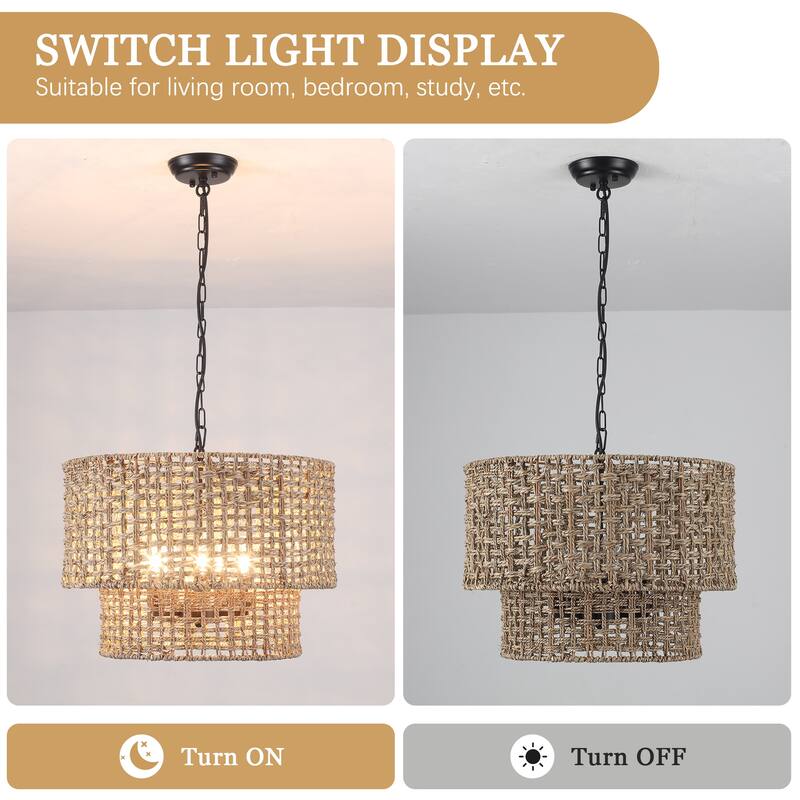 5-Light Metal 2-Tier Traditional Linear Drum Chandelier Pendant Light with Rattan Shade for Kitchen Island Dining Room