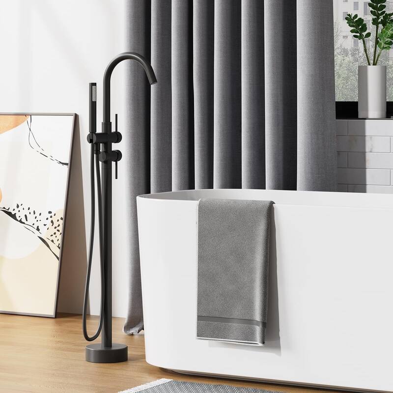 Freestanding Bathtub Faucet, Floor-Mount Tub Filler Chrome - Matte Black - Round Double Handle