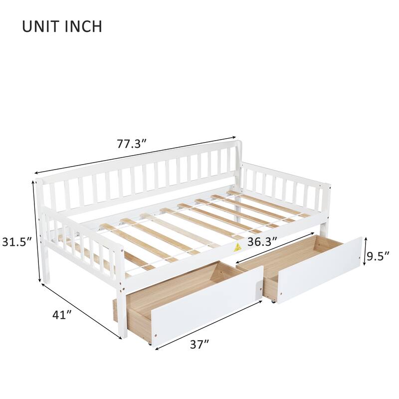 Pine Wood Daybed with two Storage Drawers, Sofa Bed with Bed Platform of 10 Support Slats
