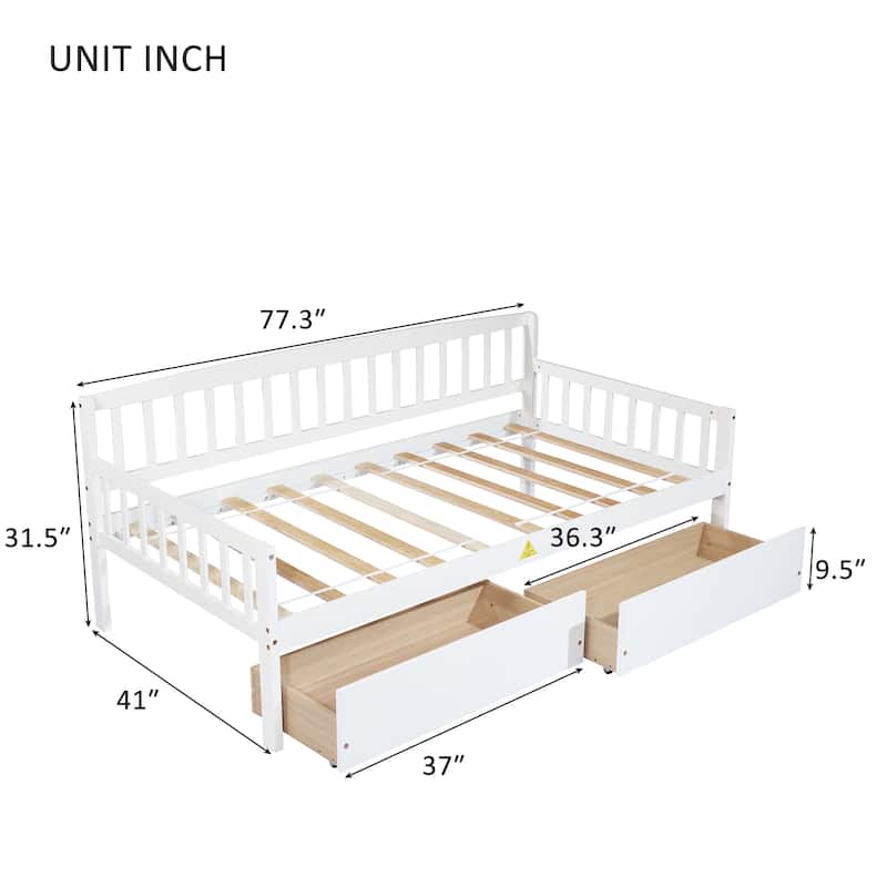 Twin-size Pine Wood Daybed with two Storage Drawers, Sofa Bed with Bed Platform of 10 Support Slats