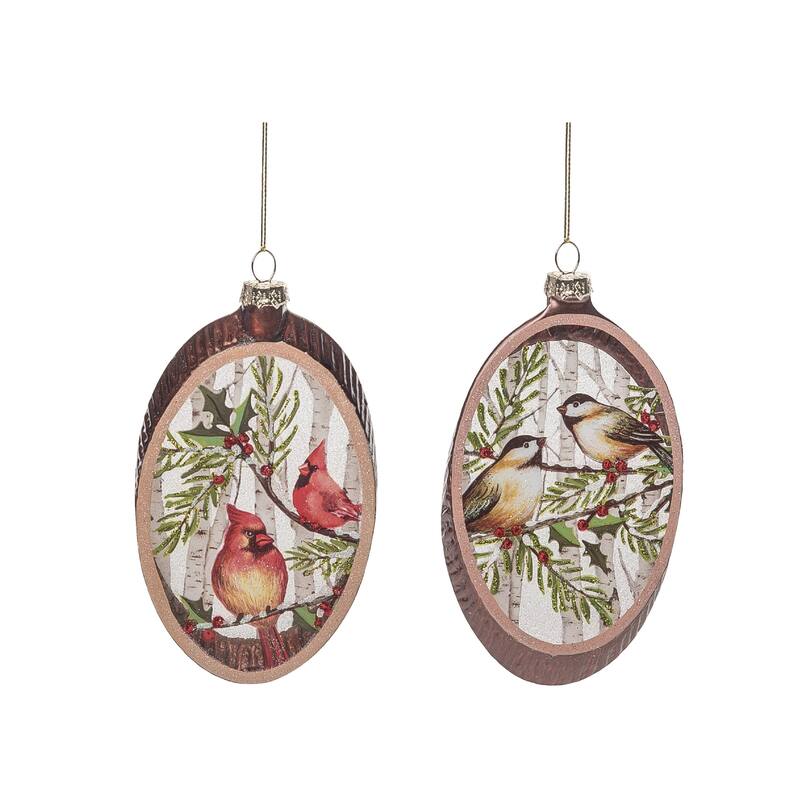 Transpac Glass 6 in. Multicolored Christmas Woodcut Painted Bird Ornament Set of 2