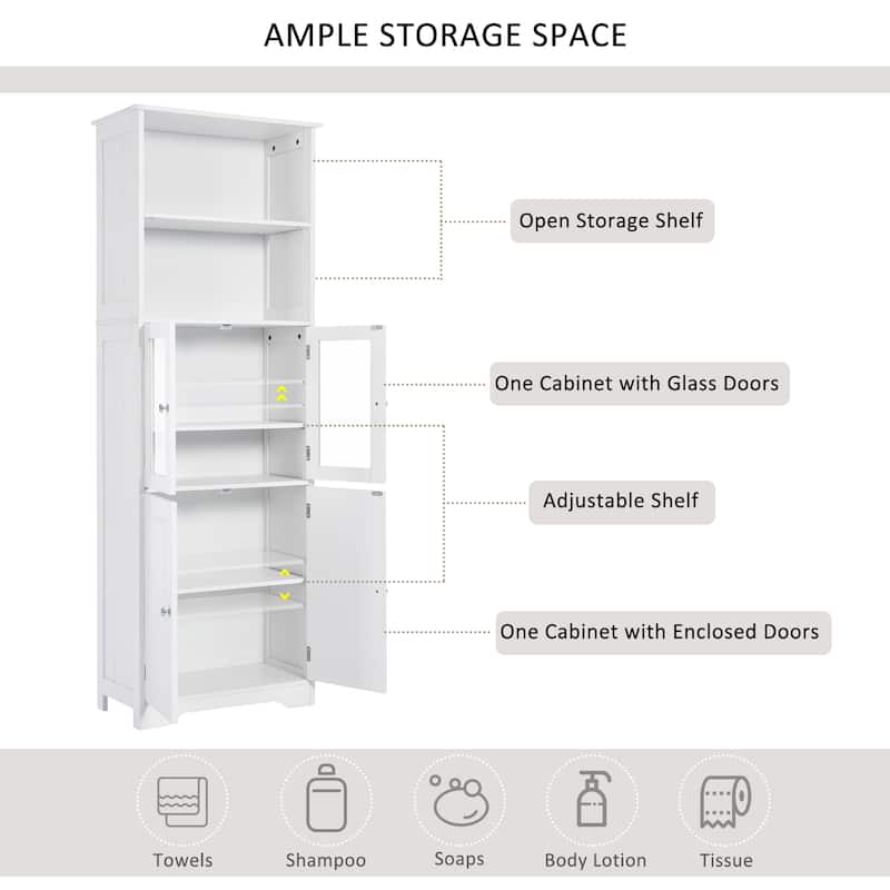 4-Door Bathroom Storage Cabinet 64" High Bathroom Floor-to-ceiling Cabinet Towel Cabinet with Open Storage Rack Glass Door