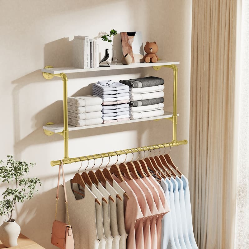 Wall Mounted Clothes Rack with Shelf Industrial Pipe Garment Rack Bar - 45.7x7.56x26.6 inch