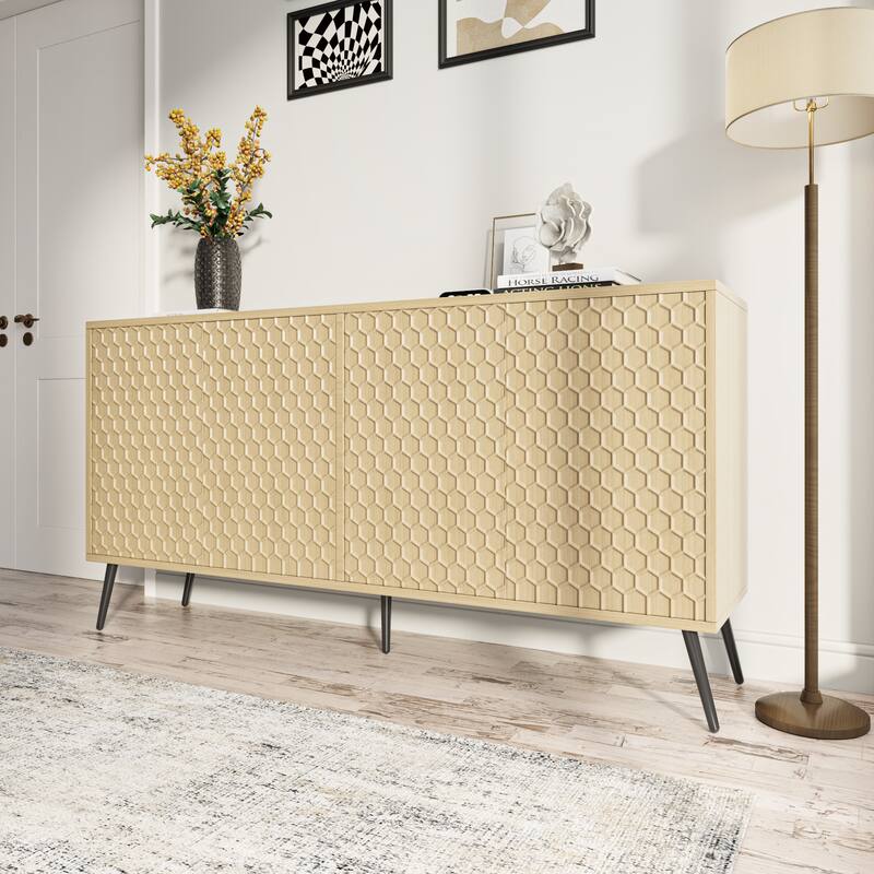 Modern Honeycomb Storage Cabinet Sideboard with Two-Tone Finish, Entryway Accent Cabinet with Adjustable Shelves