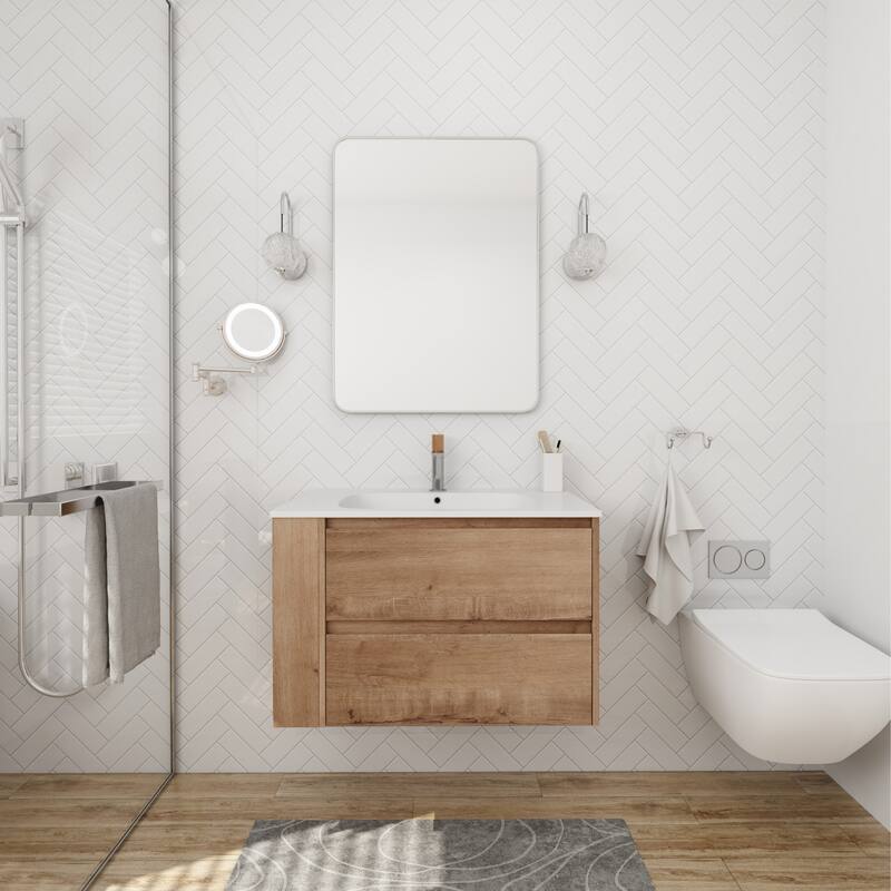 Modland 30" Wall-Mount Vanity with Gel Sink & Soft-Close Drawers - Adjustable Shelf, Brown/Imitative Oak - 30 Inch - Imitative Oak