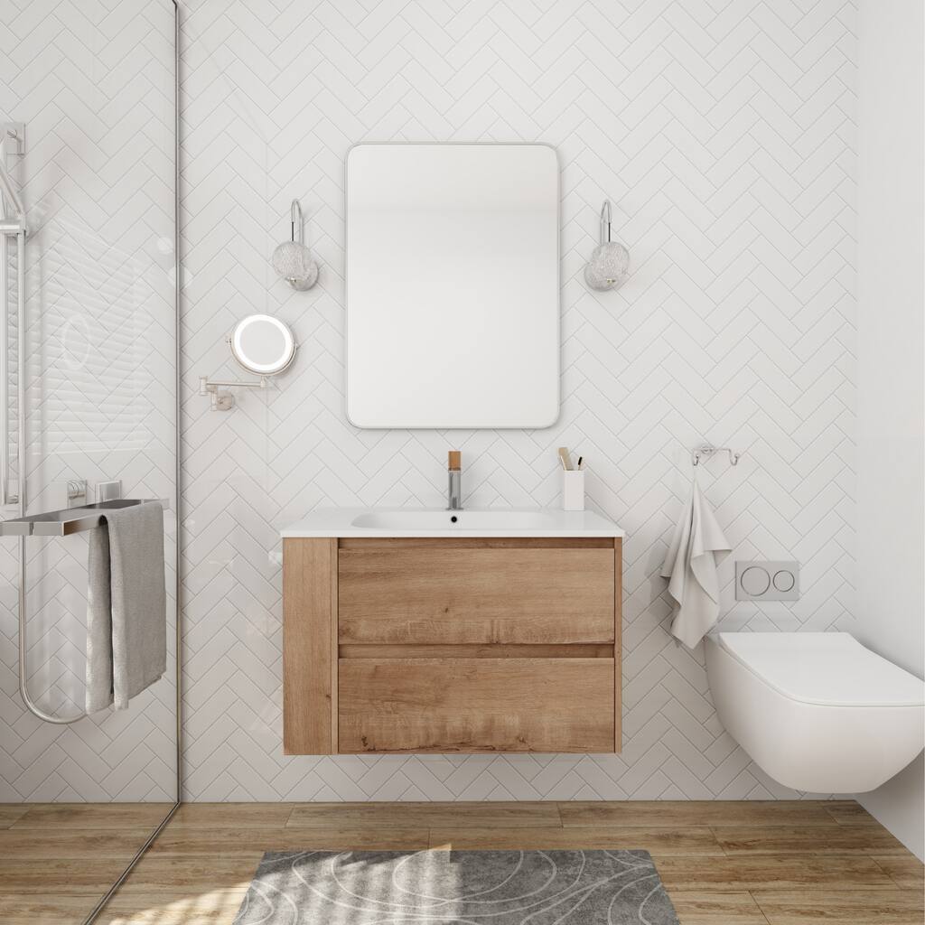 Modland 30" Wall-Mount Vanity with Gel Sink & Soft-Close Drawers - Adjustable Shelf, Brown/Imitative Oak - 30 Inch