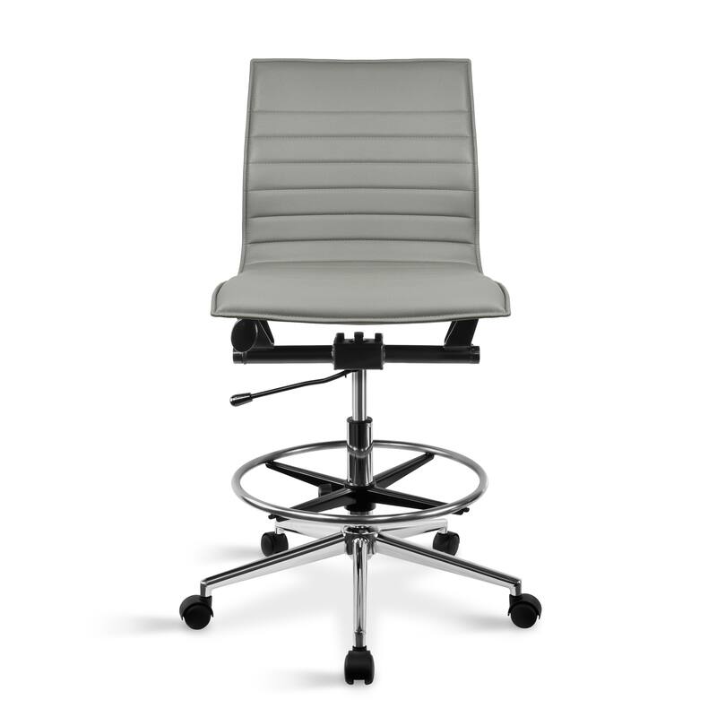 Modern Drafting Chair Upholstered PU Leather Ribbed Armless Mid Back with Tall Adjustable Base & Leg Rest - Grey