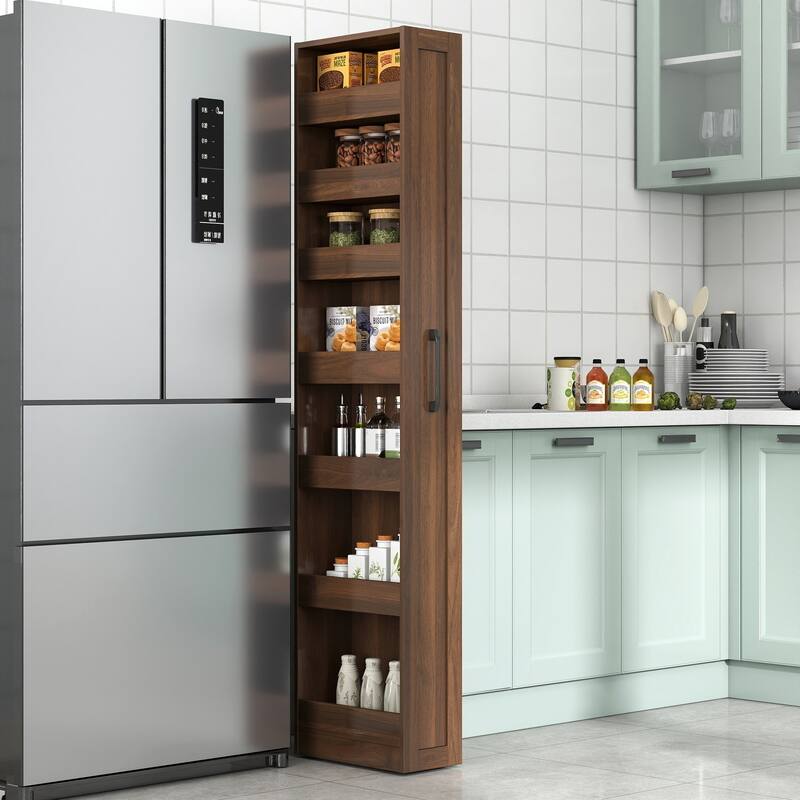 7 Tier Multi-Functional Pull-Out Multi-Tier Storage Single-Sided Open Shelf For Kitchen, Living Room & Narrow Spaces - Walnut