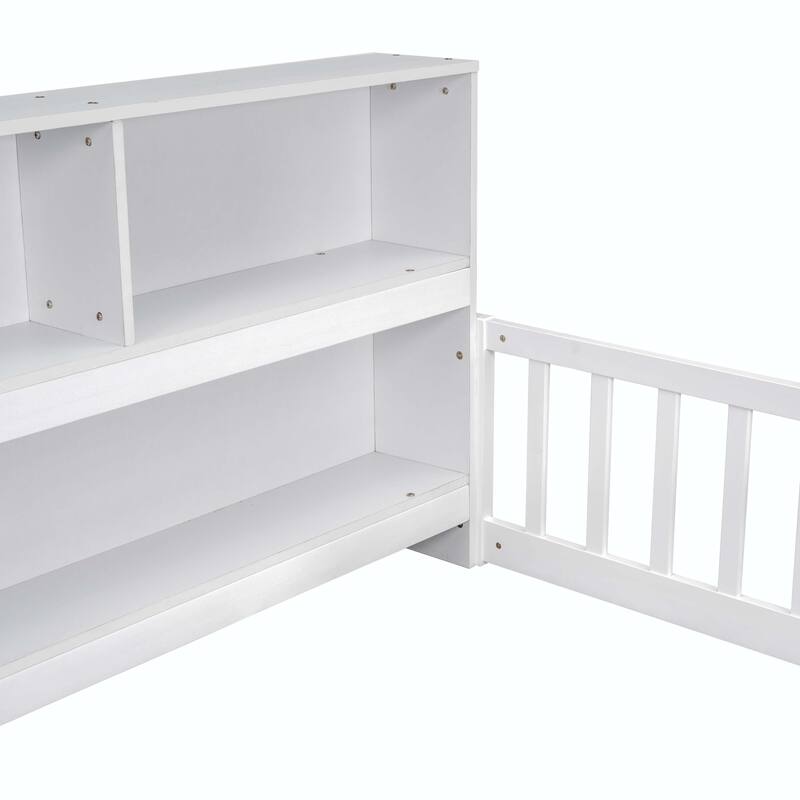 Twin Floor Bed with Bedside Bookcase and Guardrails