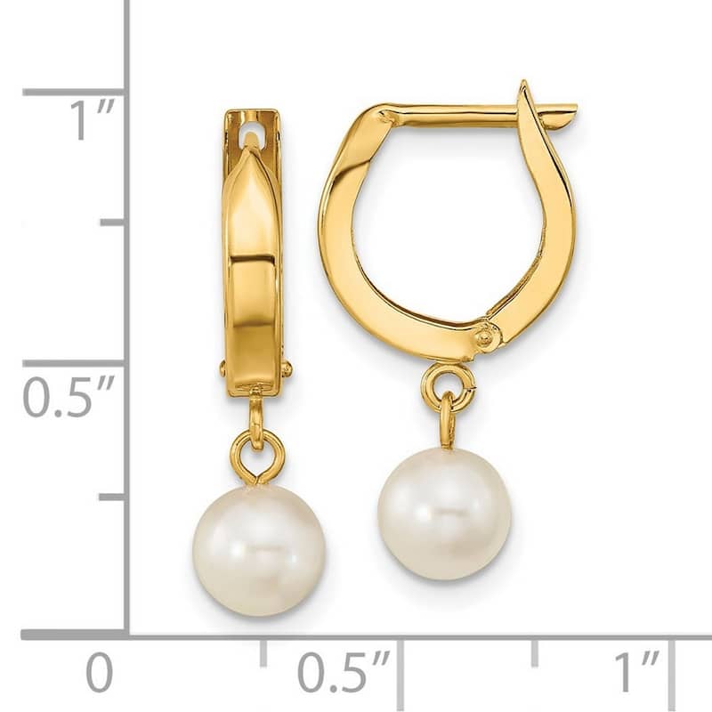 Curata 14k Yellow Gold 6-7mm White Round Akoya Saltwater Pearl Hoop Dangle Earrings (23.5x7mm)