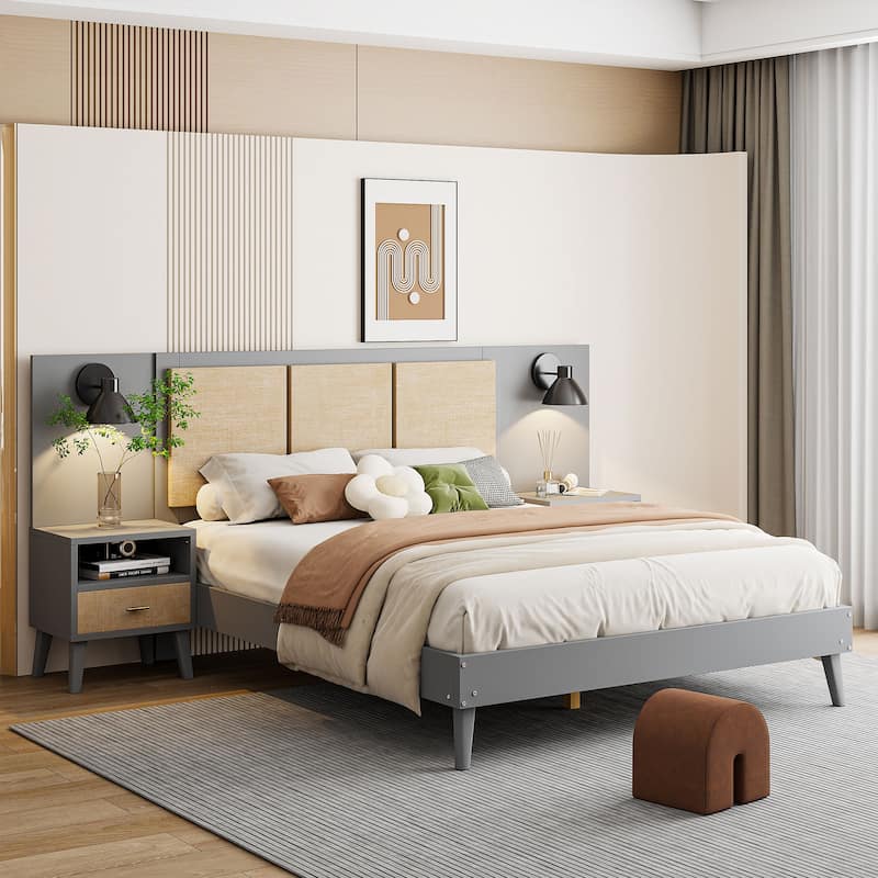 Queen Bedroom Set – Solid Wood Frame with Rattan Accents & Matching Nightstands .