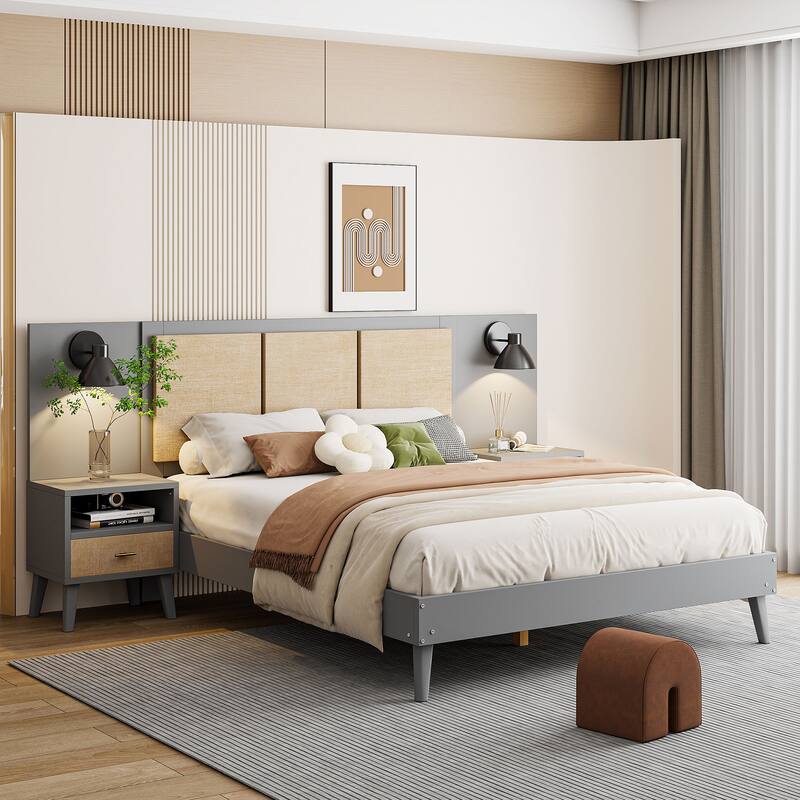 Wood Queen Size Bed Frame Elegant Platform Bed with 2 Storage Nightstands and 2 Lamps, No Box Spring Needed