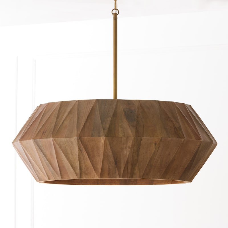 29" W x 11" H 6-Light Pendant in Hand-distressed Patinaed Brass and Handcrafted Mango Wood - 29"W x 11"H