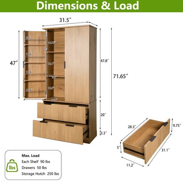 dimension image slide 1 of 3, Modern Wooden Kitchen Pantry Cabinet with Fluted Doors 2 Drawers and Built-In Spice Racks Oak by GDFStudio