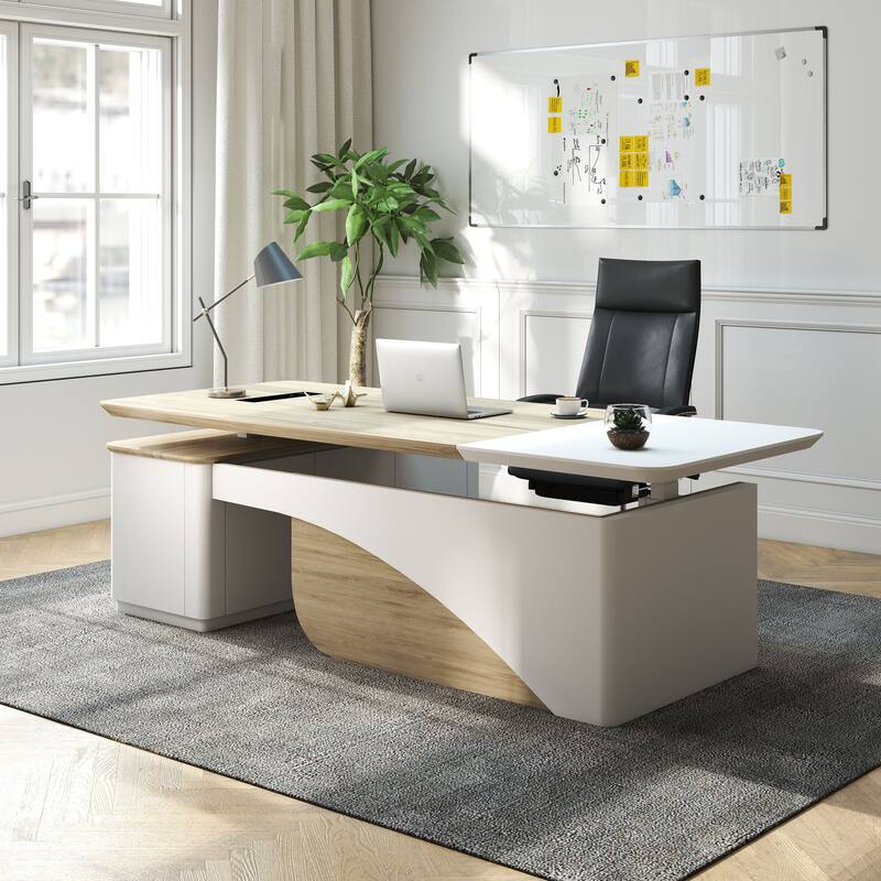 WESOME White Adjustable L Shaped Desk with LED Power Outlets, Electric Sit and Stand Desk - 86.6" - Right Return