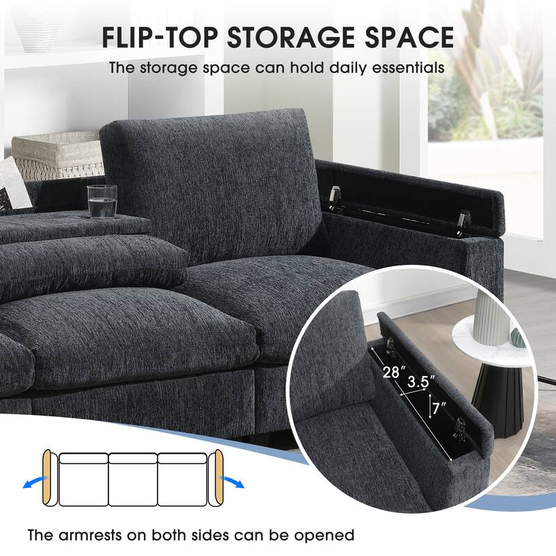 Chenille Sectional Sofa With Bluetooth Speaker,Cloud Couch Set With Drop Down Table,Cup Holders,Usb Charger,Storage Armrest