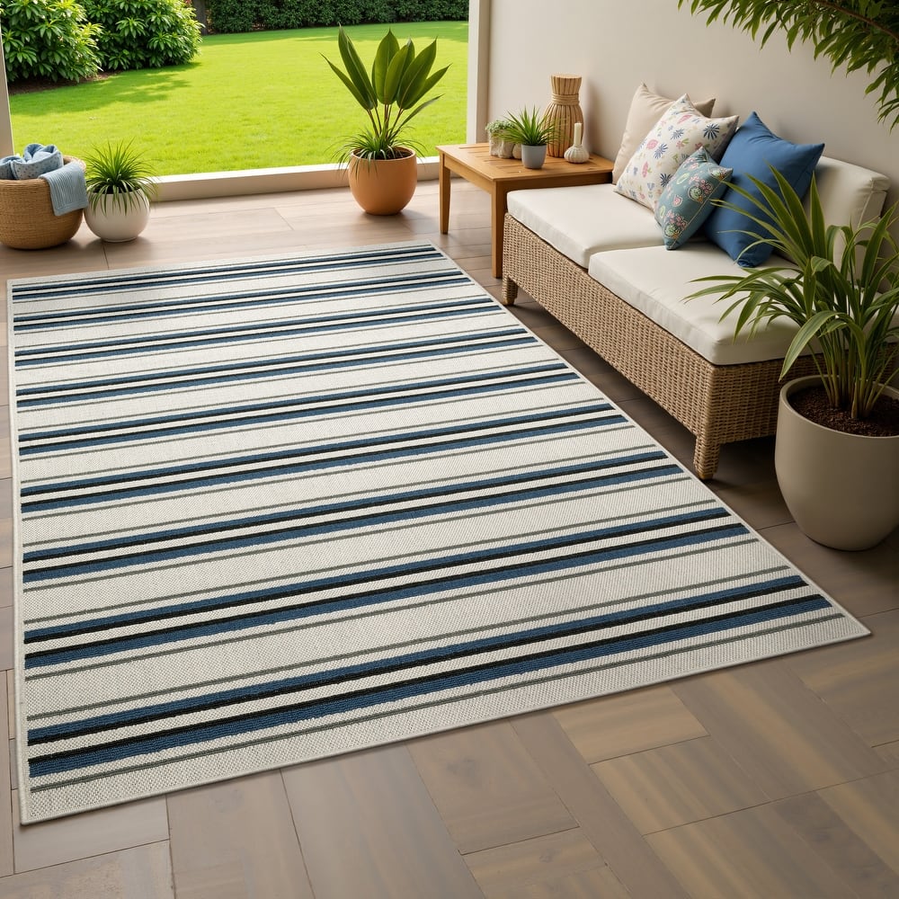 Vista Home Talcot Multi-Striped Grey/ Teal Indoor-Outdoor Area Rug