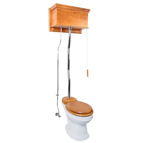 High Tank Pull Chain Toilet Light Oak Wooden Tank Elongated Porcelain Bowl and Chrome Z Pipes 59 to 74" H Renovators Supply