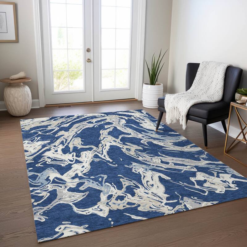 Machine Washable Indoor/ Outdoor Modern Wave Chantille Rug - Navy - 10' x 14'
