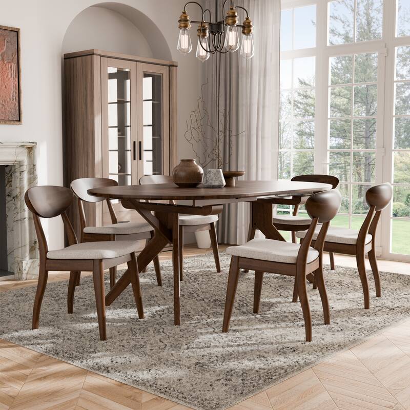 Furniture of America Abigail V Mid-Century Modern 7-Piece Rich Walnut Solid Wood Convertible Dining Set with Butterfly Leaf - Rich Walnut
