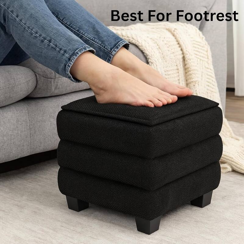 Modern Cube Ottoman with Tray Top and Hidden Storage Linen Seat