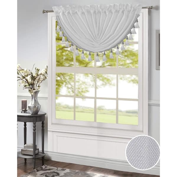 slide 1 of 7, Morgan Rod Pocket Waterfall Valance With Fringe Tassels, 48x37 Inches - 48x37 Inches White