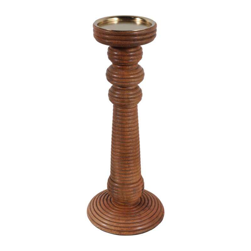 Candle Holder - Brown Mango Wood Ribbed Pillar