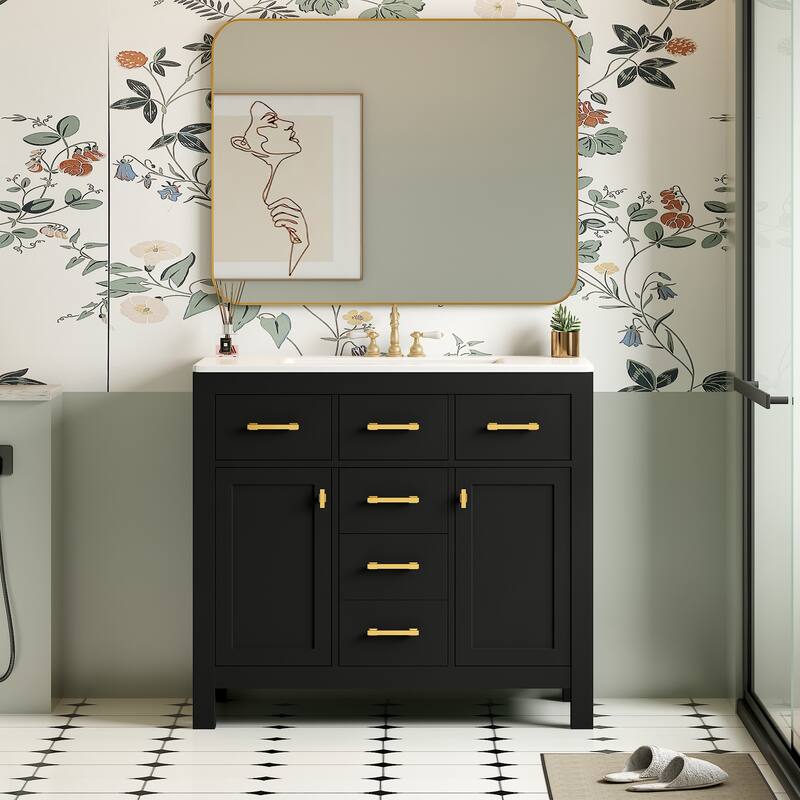 36'' Storage Cabinet for Bathroom Vanity with Ceramic Sink, 4 Drawers, 2 Cabinets and Gold Metal Handles, Freestanding Cabinet