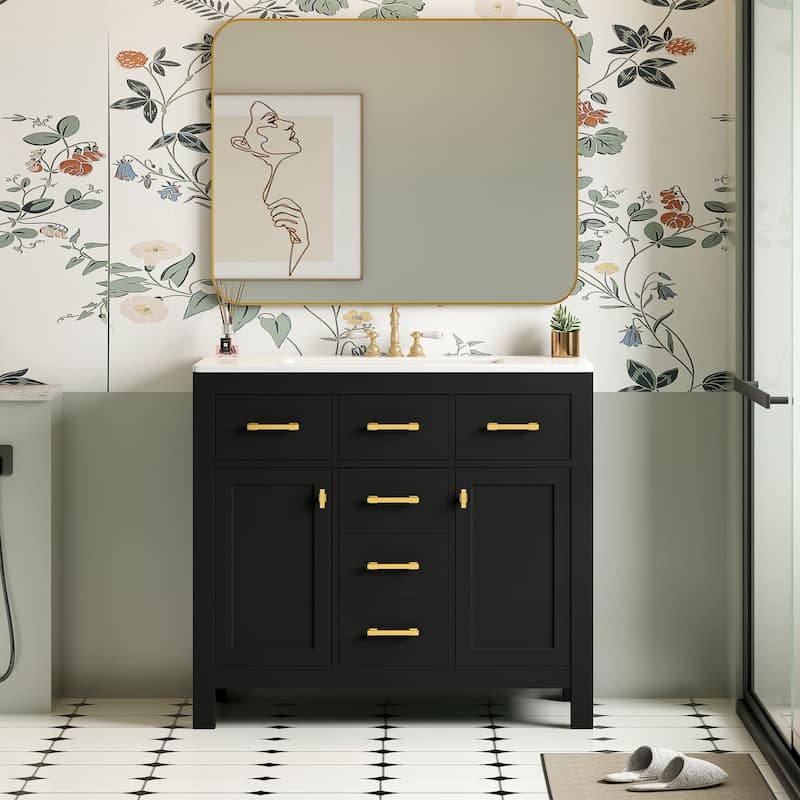 Roomfitters 36" Vanity with Ceramic Sink, Solid Wood Freestanding Cabinet with 4 Drawers and 2 Doors, Storage Unit for Bathroom