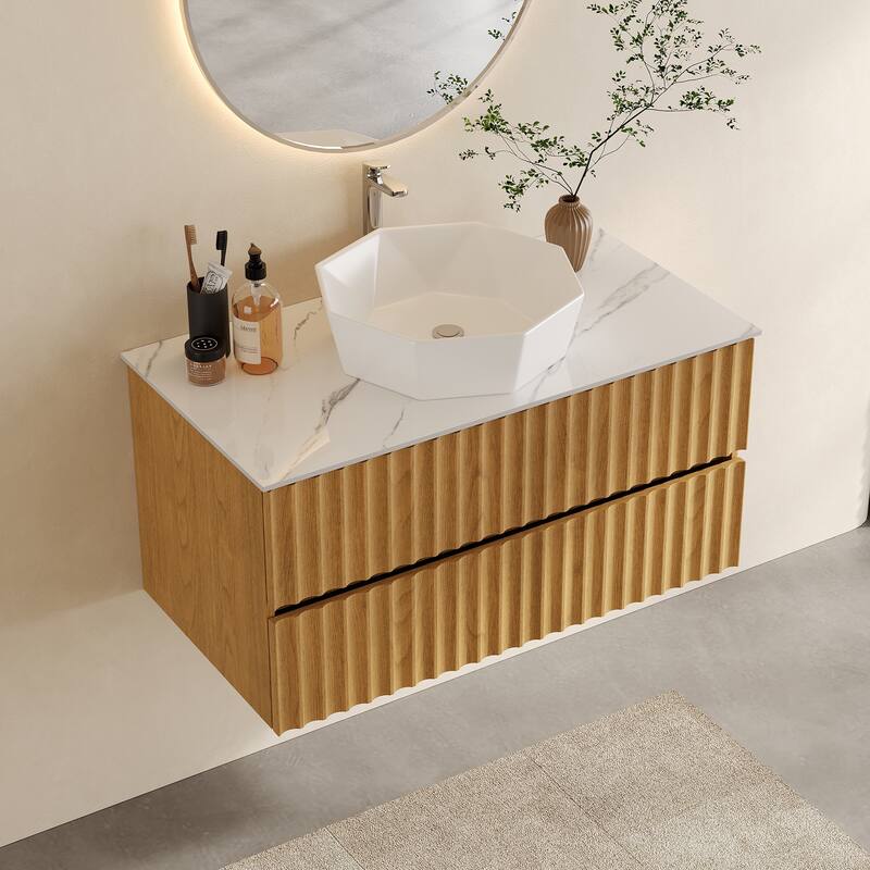35.43" Floading Single Bathroom Vanities, With 2 Drawers, Glossy Sintered Stone Top, Light Wood - White/Brown - Wood Finish/Glossy