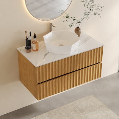 35.43" Floading Single Bathroom Vanities, With 2 Drawers, Glossy Sintered Stone Top, Light Wood