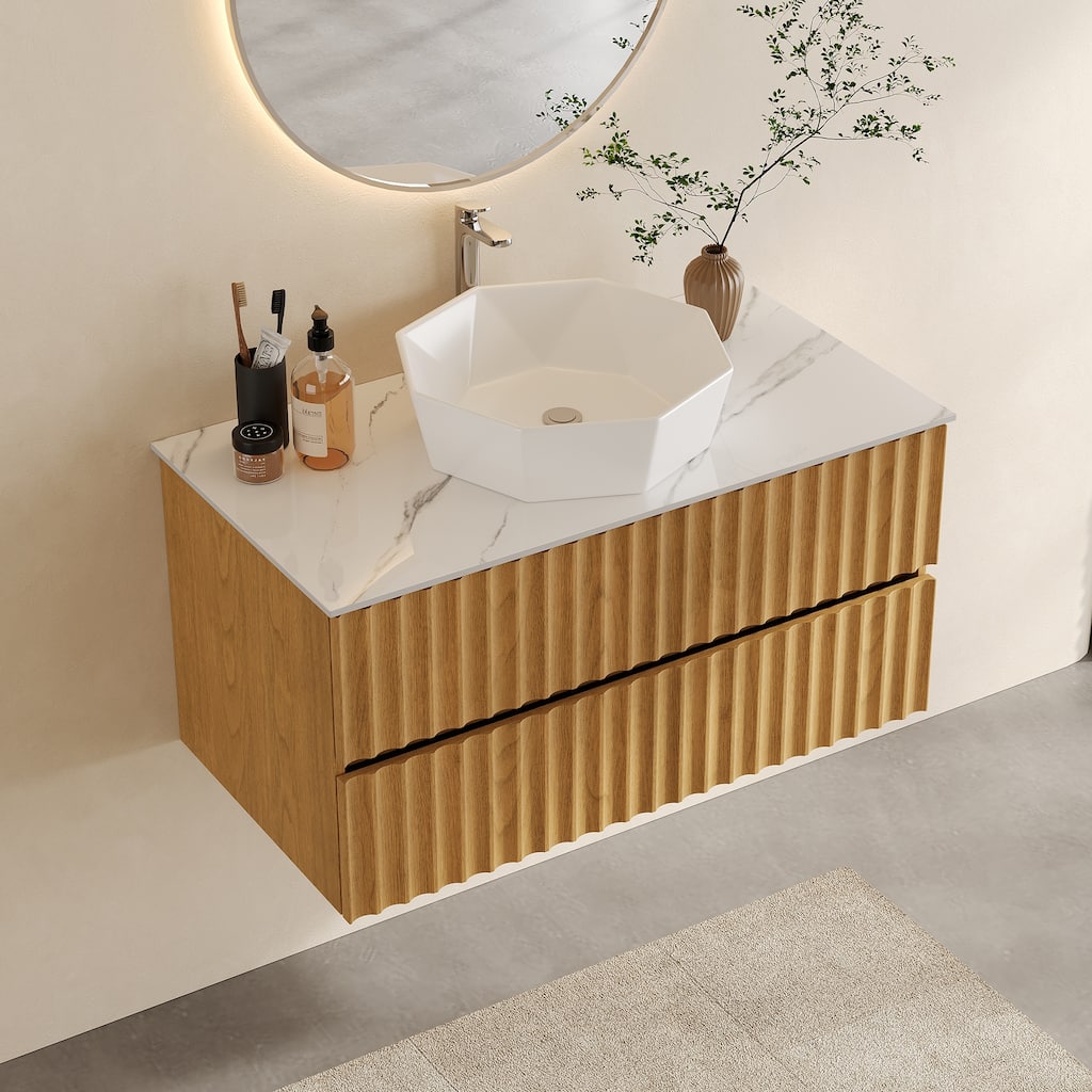 35.43" Floading Single Bathroom Vanities, With 2 Drawers, Glossy Sintered Stone Top, Light Wood