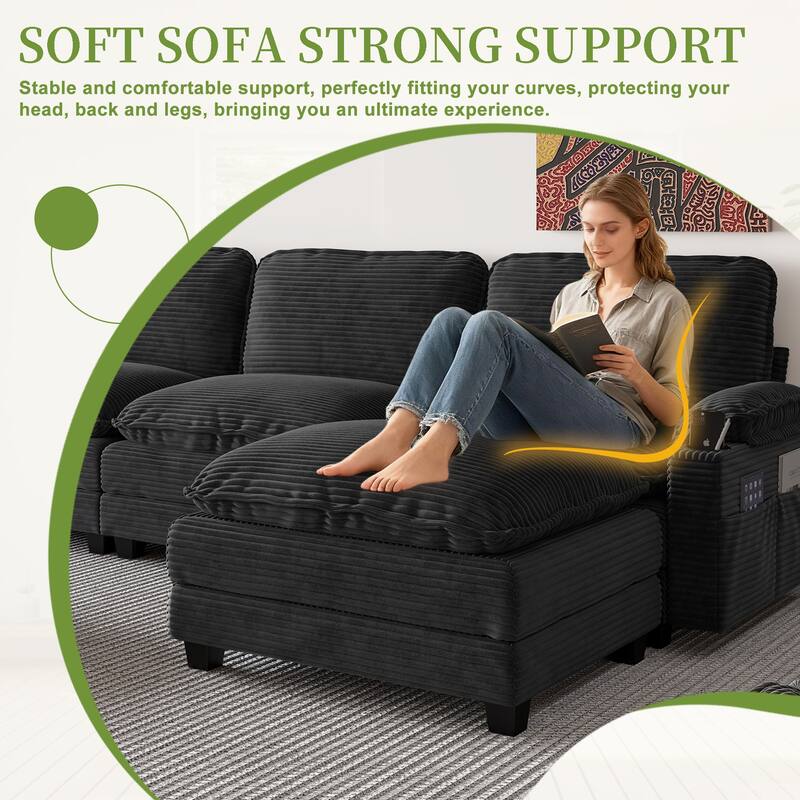 113" L Shaped Sectional Sofa, Deep Seat Cloud Couch with Ottoman, Oversized Corduroy Couch with Cup Holders, Storage Bags