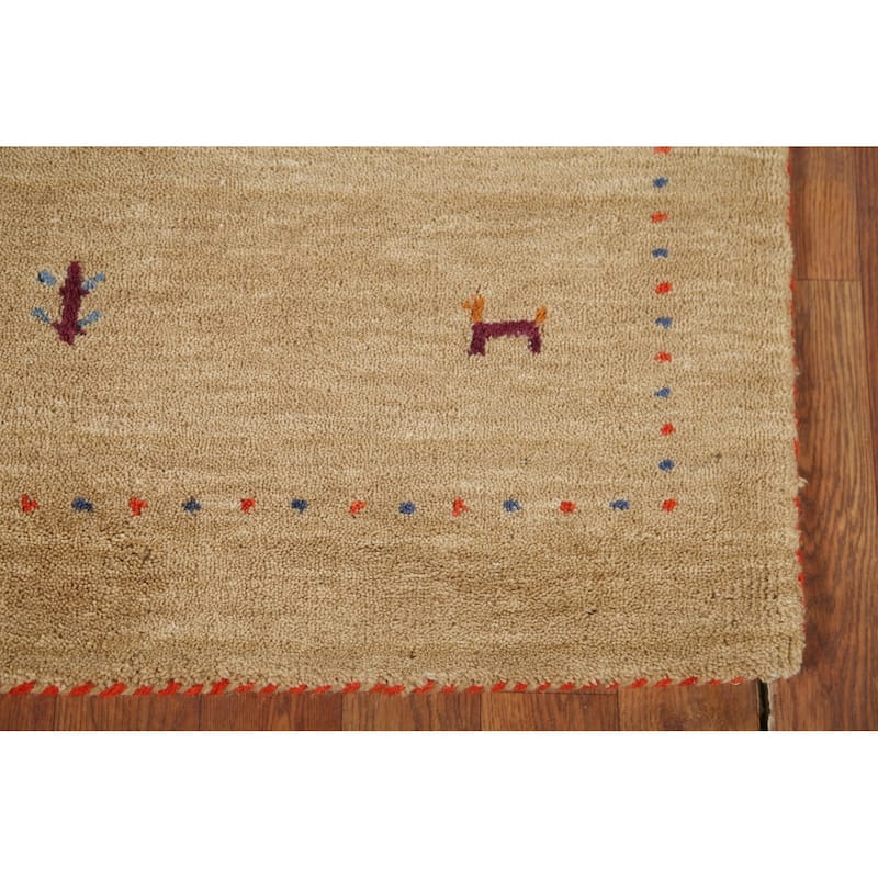 Gabbeh Indian Accent Rug Hand-Knotted Oriental Beige Wool Carpet - 2'11"x 5'3"