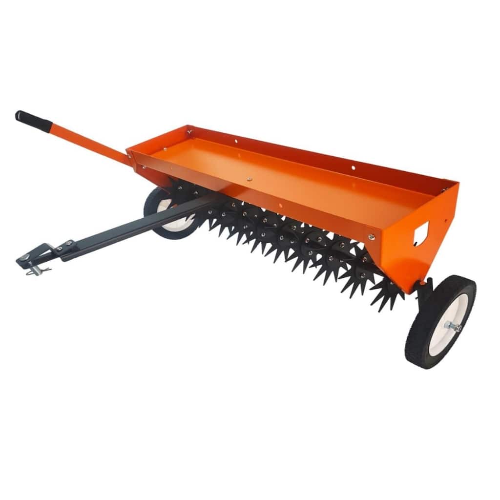 40-Inch Tow-Behind Lawn Aerator Heavy-Duty Steel Teeth Adjustable Handle & Transport Wheels Orange