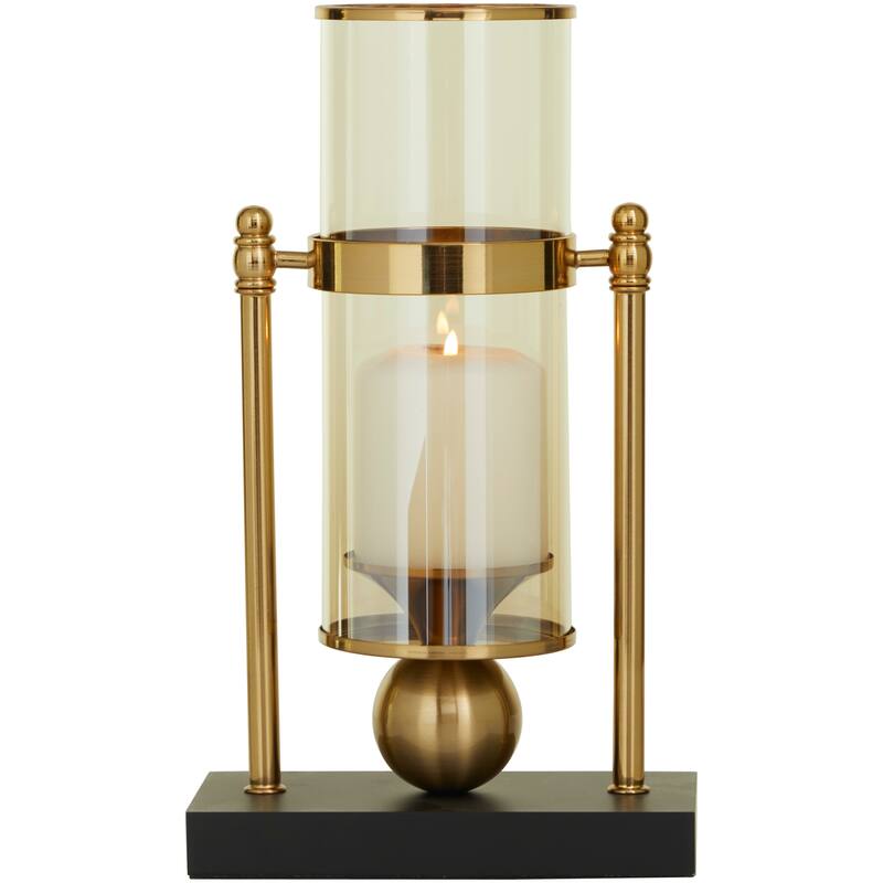 Metal Pillar Hurricane Lamp with Metal Stand - Gold - CosmoLiving by Cosmopolitan - 8"W, 13"H