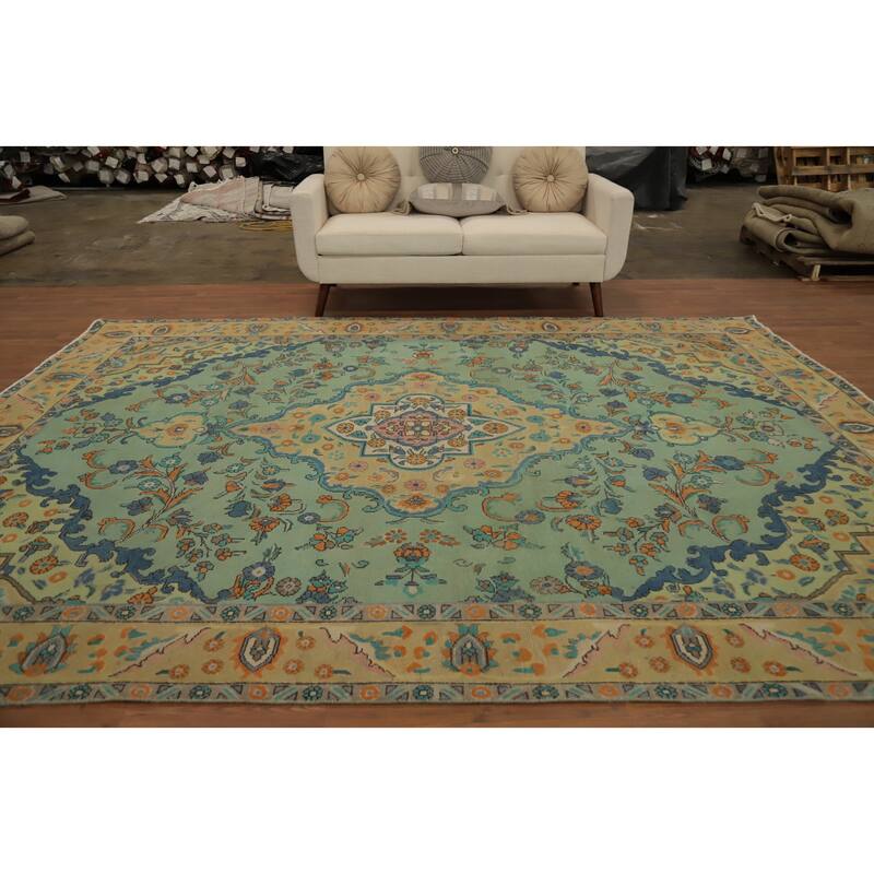 Hand Knotted Oriental 100% Wool Carpet Traditional Medallion Green Tabriz Area Rug - 11' 0'' X 8' 2''