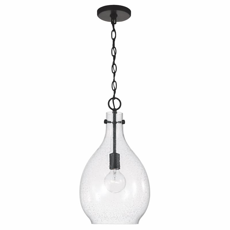 Brentwood 1-light Hanging Pendant - Matte Black w/ Seeded Glass