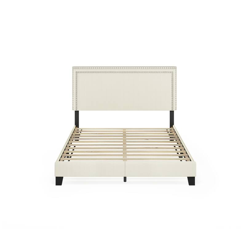 Furinno Laval Double Row Nailhead Bed Frame - Queen - Linen