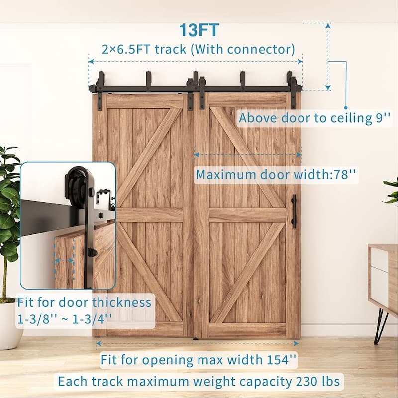 WINSOON 5-16FT Bypass Sliding Barn Door Hardware Kit for Double Doors J Shape Hangers