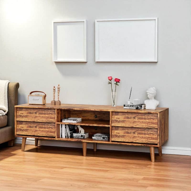 63" Vintage-Style TV Stand with Beveled Design, Media Console with 4 Drawers & 2 Shelves, Solid Wood Legs