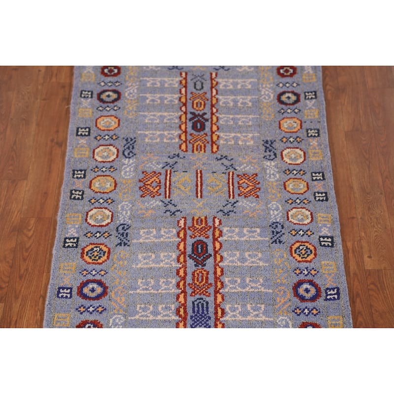 Blue Heriz Serapi Indian Runner Rug Hand-Knotted Geometric Wool Carpet - 2'6" x 9'11"