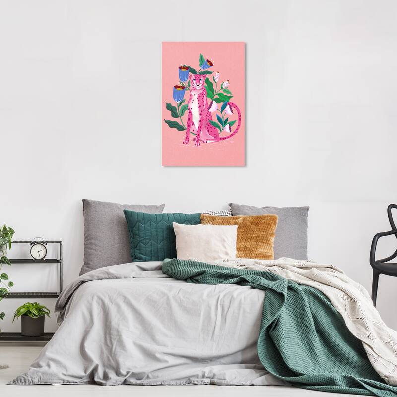 Wynwood Studio Canvas Animals Pink Leopard Floral Pink and Modern & Contemporary Wall Art Canvas Print - 24 x 16