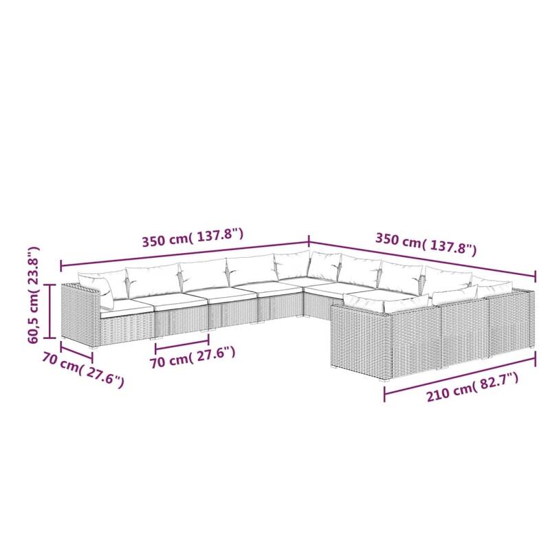 vidaXL Patio Lounge Set Outdoor Sectional Sofa Set Table Garden Poly Rattan - 27.6" x 27.6" x 23.8"