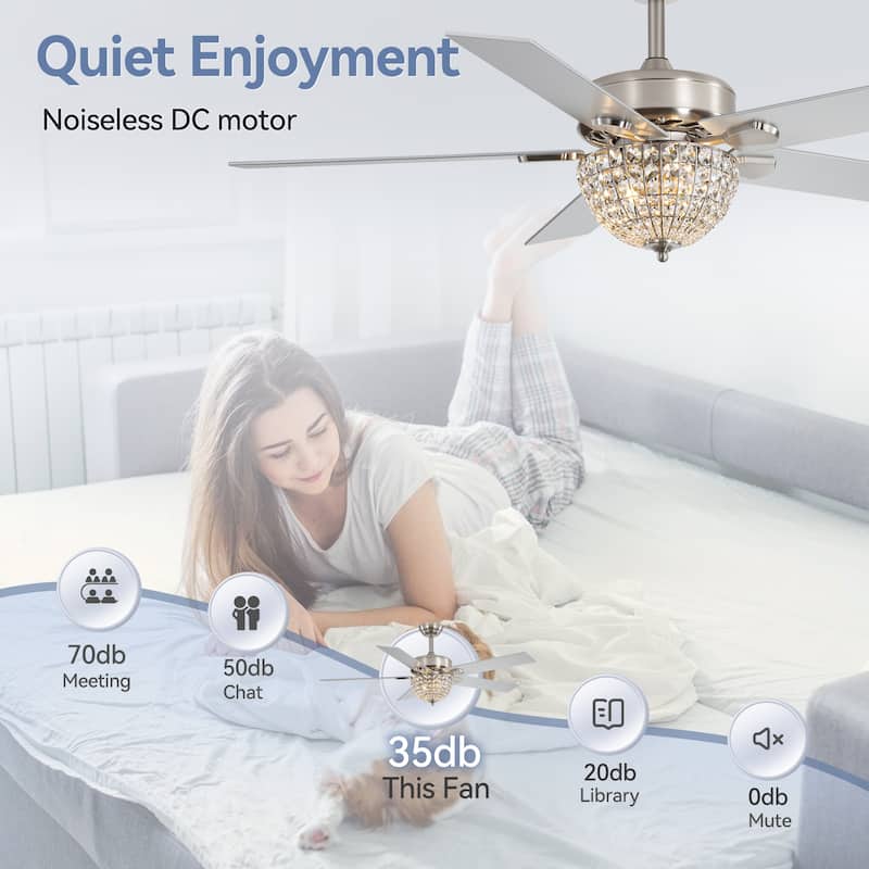 52" Modern 2-Light Chandelier Crystal Ceiling Fan with Remote(5-Blade)