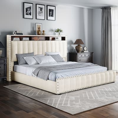Lift Up Storage Nailhead Bed Frame with Charging Station, Velvet Upholstered Platform Bed with RGB LED Lights