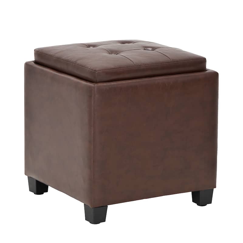 RENEWLINE ​18" Square Storage Ottoman with Tray - 250LBS Weight Capacity, Leather Upholstered Footstool for Living Room