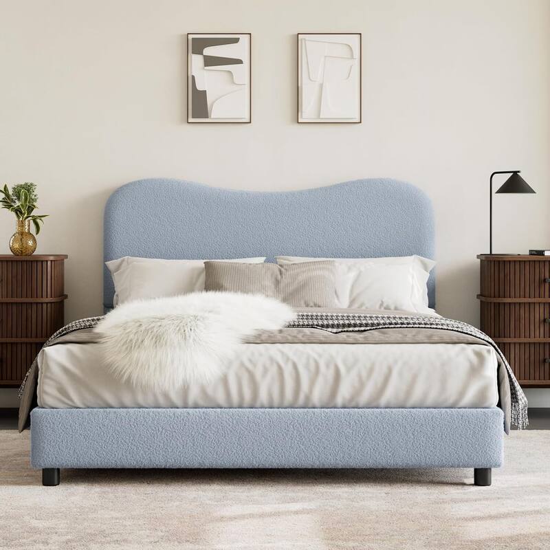 Upholstered Boucle Bed Frame with Headboard, No Box Spring Needed, Blue - Queen