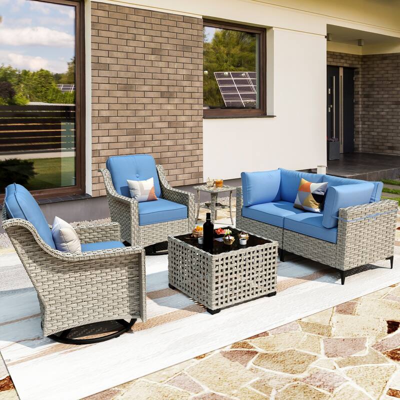 OVIOS 6 Pieces Outdoor Wicker Swivel Chair Set With Solar-Powered Coffee Table